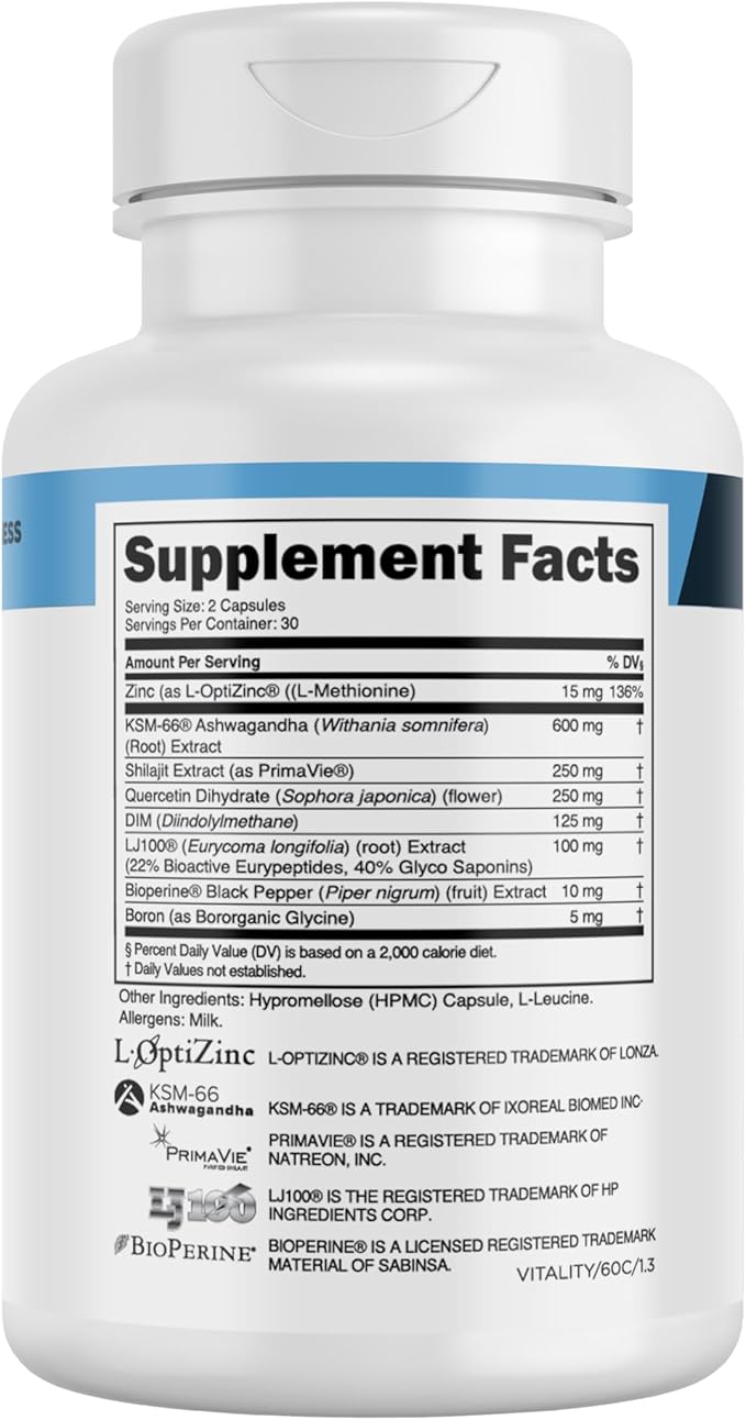Transparent Labs Vitality Testosterone Booster - Testosterone Supplement for Men with Ashwagandha KSM-66, PrimaVie Shilajit Extract, & DIM to Support Vitality, & Bioavailable Testosterone - 60 Count