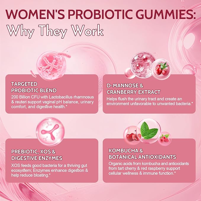 Probiotics for Women 50+, 200 Billion CFU Vaginal Probiotics Gummies with D-Mannose & Cranberry, Sugar-Free Cranberry Flavor for pH Balance, Urinary & Gut Health, 60 Count