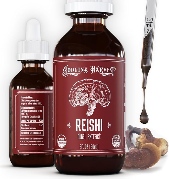 Hodgins Harvest Organic Reishi Mushroom Fruiting Body Extract Tincture - Extra Concentrated Dual Extract Supplement - Supports Heart Health & Wellness - USDA Organic Mushrooms - 2 oz
