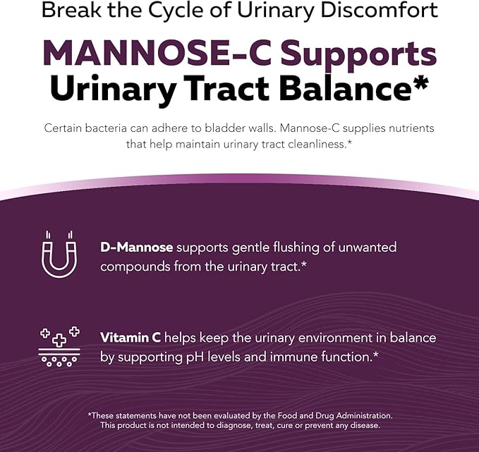 Mannose-C - Organic D-Mannose + Whole Food Vitamin C, Natural UTI Support Supplement to Flush & Cleanse Urinary Tract, Certified Organic Urinary Health for Women, Vegan, Non-GMO (180 Count)