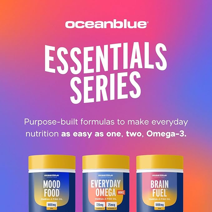 Oceanblue Essentials Brain Fuel Burpless Fish Oil High Potency Omega 3 DHA Supplement for Brain and Eye Support 1000 mg Tasty Orange Flavor 60 Count Softgels 1 Month Supply