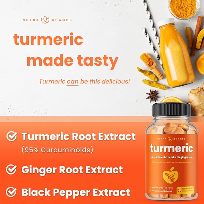Turmeric Gummies for Adults & Kids with Ginger & Black Pepper Extract | 95% Curcuminoids | Vegan Natural Curcumin Joint Support | 120 Tumeric Gummy Supplements (2-Pack)