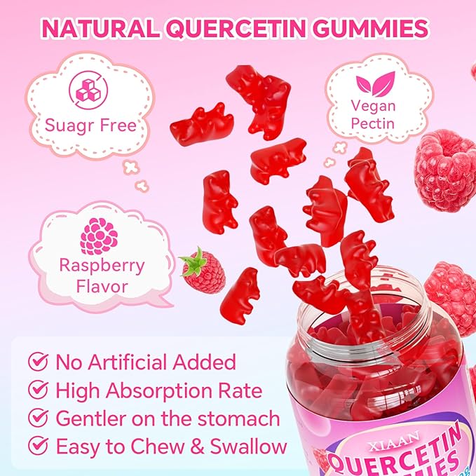 Quercetin Gummies 500mg for Kids & Adults, Organic Quercetin Supplements with Bromelain Zinc Vitamin C and D3 Support Antioxidant & Immune System Health, Strawberry Flavor 60 Count
