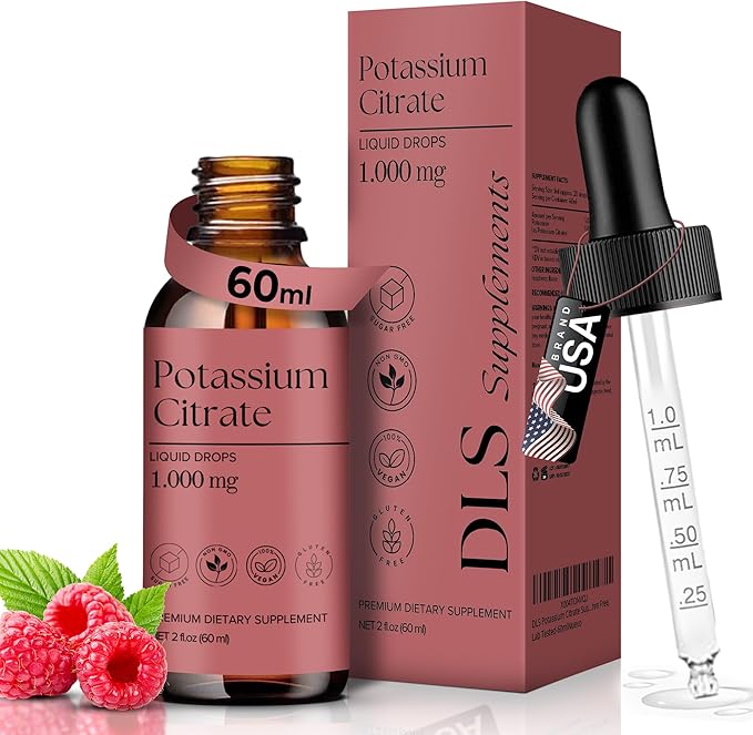 DLS Potassium Citrate Liquid & Potassium Supplement Drops 1000mg – High Absorption Electrolyte & Kidney Support – Uric Acid Balance, Muscle & Nerve Function – Non-GMO, Vegan, Sugar Free 60ml 2 fl oz