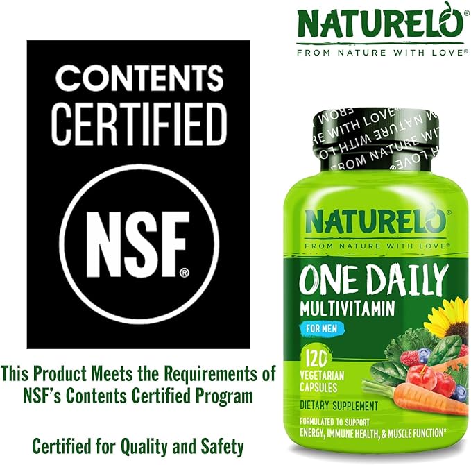 NATURELO Mens Multivitamins - One Daily Multivitamin for Men with Vitamins, Minerals & Organic Whole Foods, Boost Energy & Health, Non-GMO, 120 Vegetarian Capsules