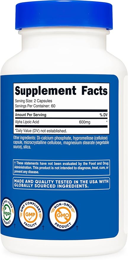 Nutricost Alpha Lipoic Acid 600mg Per Serving 120 Capsules, 60 Servings - Plant Based Caps, Non-GMO (Pack of 2)