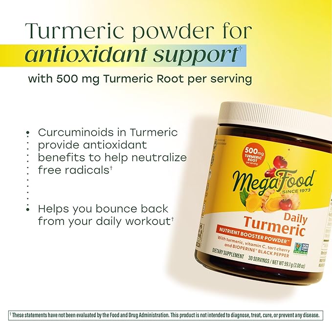 MegaFood Daily Turmeric Powder - Nutrient Booster - Turmeric Supplement with Black Pepper Extract, Vitamin C, Tart Cherry & Holy Basil Leaf, Vegan, Non-GMO, 2.08 Oz (30 Servings)