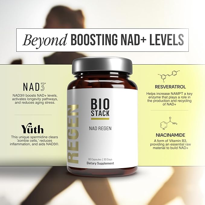 BIOSTACK NAD Regen - Advanced NAD+ Supplement with NAD3, Yüth Spermidine, Resveratrol, Niacinamide | NMNH Alternative | Anti Aging, Longevity & Cellular Health, Vitamin B3 Complex (360 Capsules)