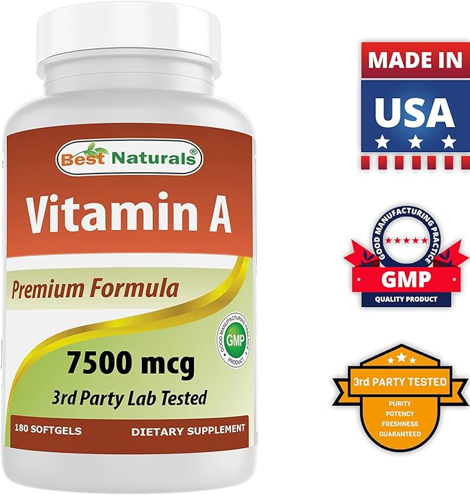 Best Naturals Vitamin A 25000 IU (7500 mcg), Non-GMO Formula Supports Healthy Vision & Immune System and Healthy Growth & Reproduction, 180 Softgels (180 Count (Pack of 2))