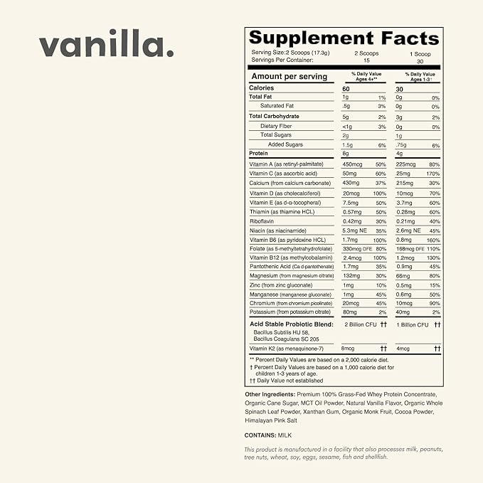 Vanilla Mighty Milk - Kids All-in-One Daily Protein Powder & Multivitamin Boosted with 2 Billion Probiotics & Organic Spinach - Natural Flavors, Colors & Sweeteners - 15-30 Servings