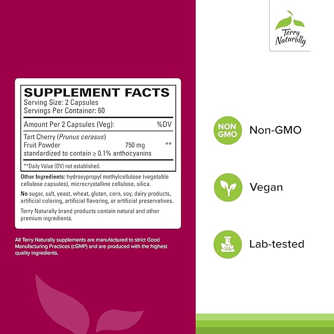 Terry Naturally Tart Cherry - Antioxidant Supplement to Support Healthy Uric Acid Balance & Joint Health - Nutritional Supplement - Dietary Supplement to Aid Recovery After Exercise - 120 Capsules