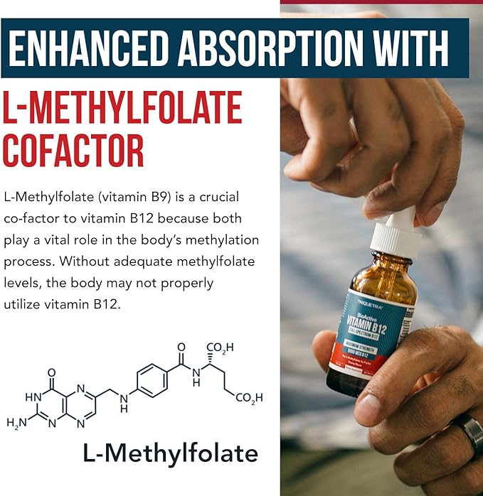 BioActive Vitamin B12 5000 mcg | 3 BioActive Forms Plus Methylfolate Cofactor - Methylcobalamin, Adenosyl & Hydroxy | Sublingual Liquid Drops, Berry Flavor, Organic, Non-GMO, Vegan (1 oz)