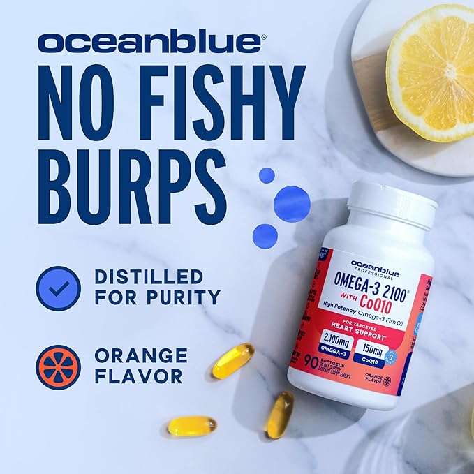 Oceanblue Omega 3 2100 with CoQ10 | Triple Strength Fish Oil Combo Supplement | 1350MG EPA 650MG DHA 150MG DPA with 150MG CoQ10 | Orange Flavor | Heart Support | 90 Softgels