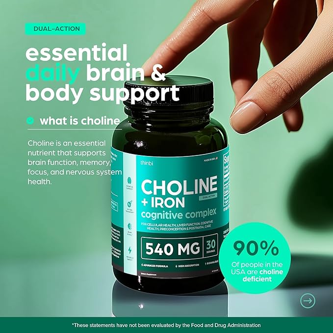 Thinbi Choline 500mg Prenatal Supplement with Iron 40mg – Prenatal Vitamins for Women – Pregnancy Brain, Memory & Cognitive Support – Ferrous Fumarate, Vegan – 30 Servings
