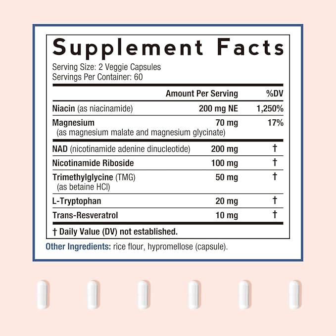Doctor's Recipes NAD Supplement, Nicotinamide Riboside, Resveratrol, NMN Alternative for Anti-Aging, w/Magnesium Glycinate & L-Tryptophan, 650mg Per Serving, Energy & Mood Boost, 120 Vegan Capsules