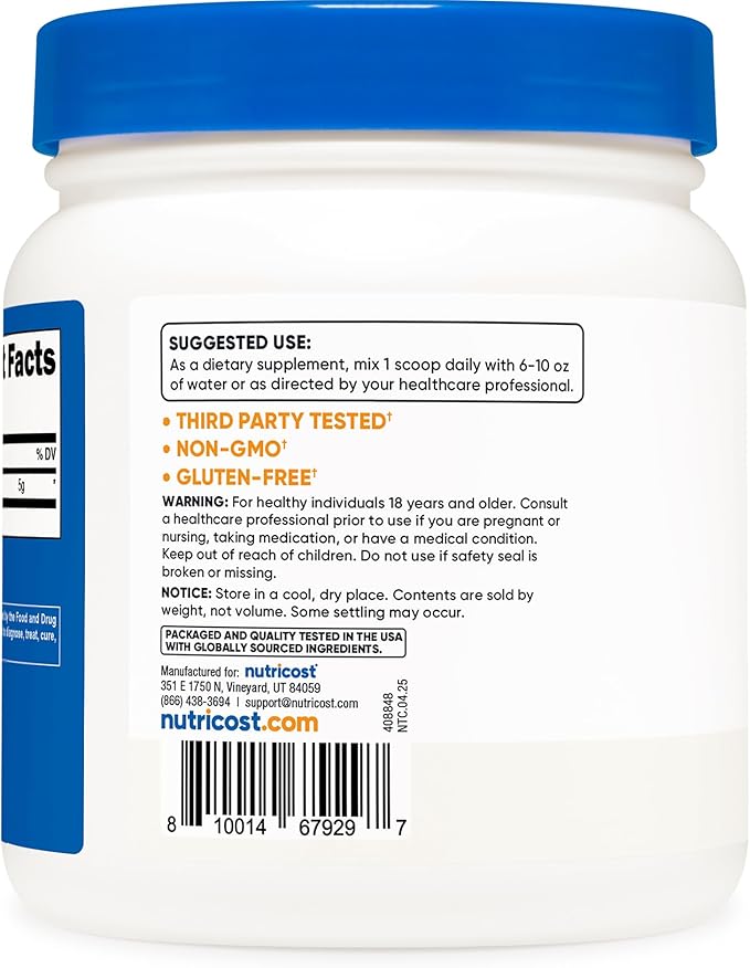 Nutricost L-Arginine Powder 500 Grams (1.1lbs) - Pure L-Arginine Powder - 5000mg Per Serving; 100 Servings
