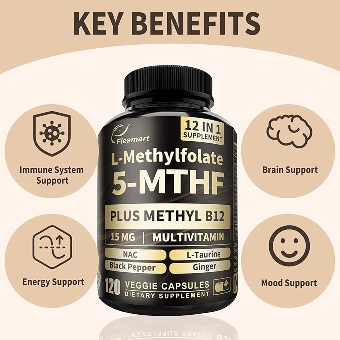 L Methylfolate 15mg Plus Methyl B12 - Methylated Vitamin B9 (5-MTHF) Supplement for Brain Health, Mood & Energy- High Absorption 12-IN-1 Methyl Folate - Third-Party Tested (120 Vegan Capsules)