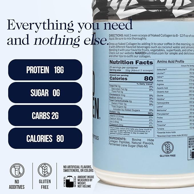 NAKED Vanilla Collagen Peptides Protein Powder, 25 Servings, Pasture-Raised, Grass-Fed Hydrolyzed Collagen Supplement, Paleo Friendly, Non-GMO, Keto, Gluten Free, 19.4oz