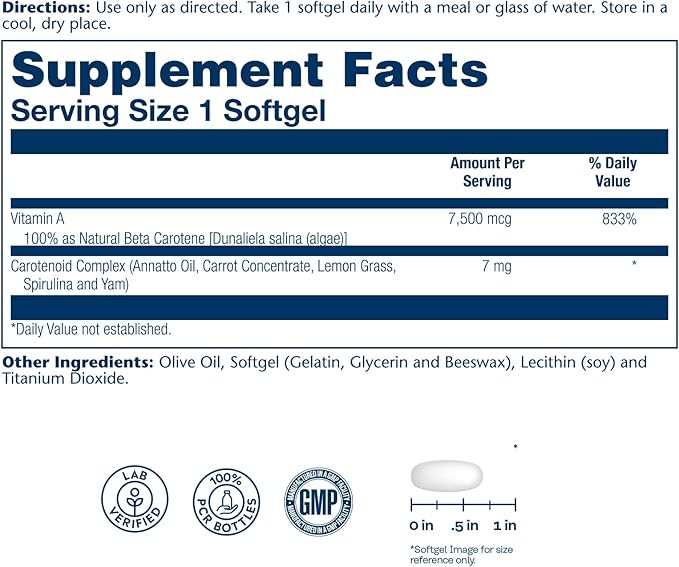 SOLARAY Food Carotene 7500mcg (25000 IU) - Beta Carotene Vitamin A Supplement - Wellness and Immune Support Supplement, Potent Eye Vitamins and Skin Food, Plant Sourced, 60-Day Guarantee, 50 Softgels