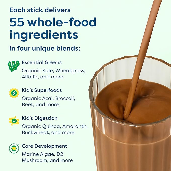 HIYA Kids Greens Powder Sticks - 55 Whole-Food Sourced Ingredients & Delicious Flavor - Greens Superfood Powder for Kids (Chocolate)