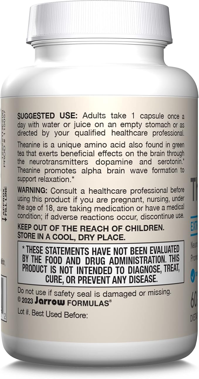 Jarrow Formulas Extra Strength L Theanine 200mg Dietary Supplement that Promotes Relaxation, Supplement for Relaxation Support, 60 Veggie Capsules, 60 Day Supply
