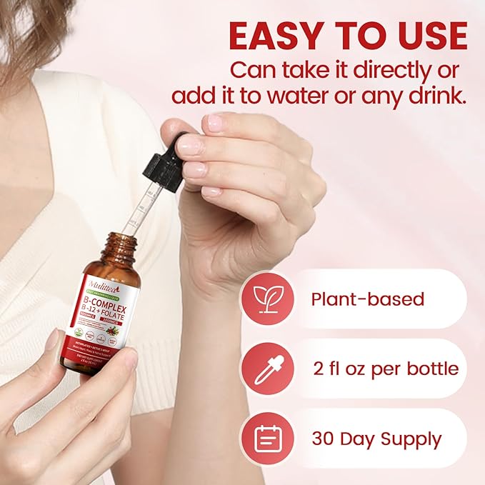Methylated B Complex - 5000 mcg Methylcobalamin B12 & 5-MTHF Folate 1000 mcg - Vitamin B Complex Liquid Drops with B3, B6, Beetroot, Hawthorn - Energy, Focus, Heart & Brain, Sugar-Free, 2 Fl Oz