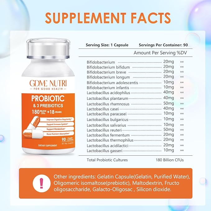 Probiotic Capsules, 90 Capsules 180 Billion CFU 18 Strains, Contains 3 Prebiotics, for Men & Women, Once Daily Probiotic Dietary Supplement, Boosts Digestive and Immune Health