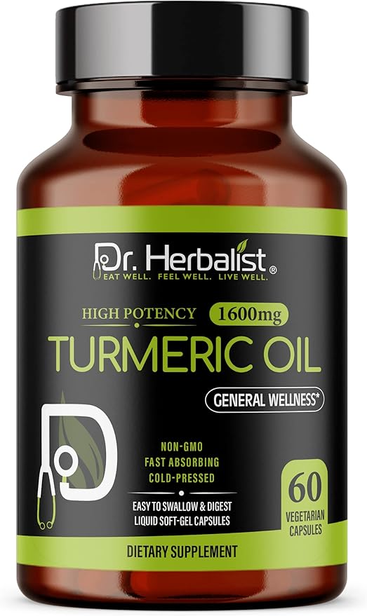 Dr. HERBALIST Turmeric Oil Capsules 1600mg - Cold Pressed Curcuma Longa Oil Softgels with Turmerones | Supports Joint Comfort & Antioxidant Wellness* | Halal | 60ct