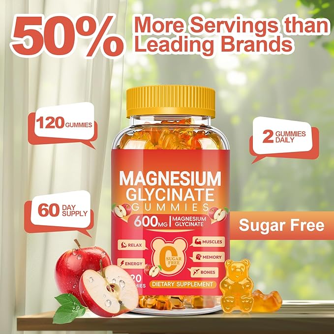Magnesium Glycinate Gummies 600MG, Chewable Sugar Free Magnesium Citrate for Men & Women, Vitamin B6, D3, Magnesium Supplements for Sleep, Body Support and Relaxation, 60 Day Supply