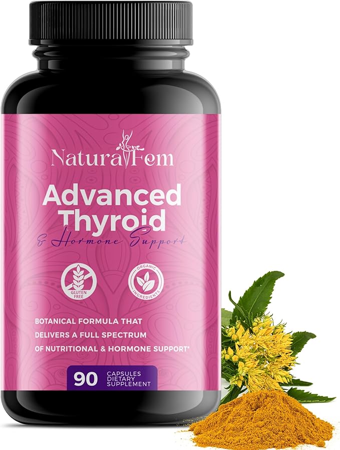 NaturalFem Advanced Thyroid Support & Hormone Balance for Women with Kelp, Turmeric, Milk Thistle, Chlorella, Aquamin & Botanical Formula - Mood & Focus Iodine Supplement - 90 Capsules
