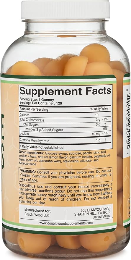 Creatine Monohydrate Gummies - 1g per Serving, 120 Count - No Fillers, Vegan Safe, Non-GMO, Gluten Free by Double Wood