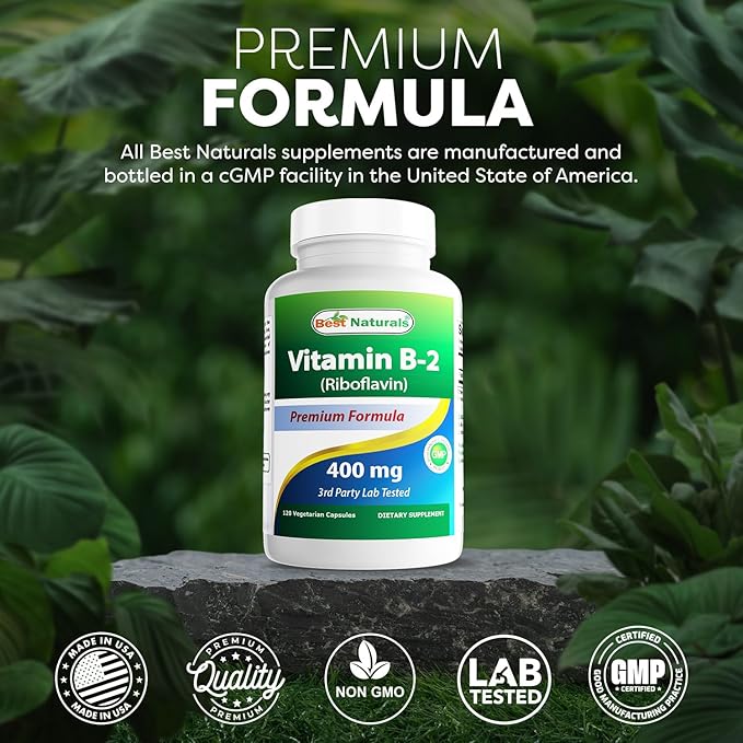 Best Naturals Vitamin B2 (Riboflavin) 400mg - Migraine Relief - Veggie Capsules - Conezyme Precursor - 120 Count (120 Count (Pack of 2))