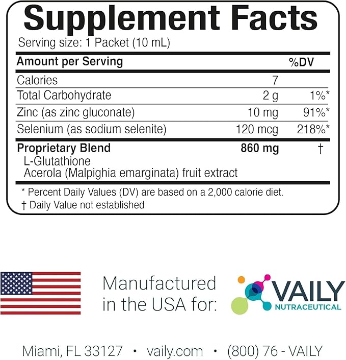 Vaily Immune Support Supplement for Adults - Liquid Glutathione Supplement 500 mg w/Acerola Vitamin C Zinc & Selenium - High Potency Antioxidant, Skin Health, Detox Every Day - 30 Single-dose Vials