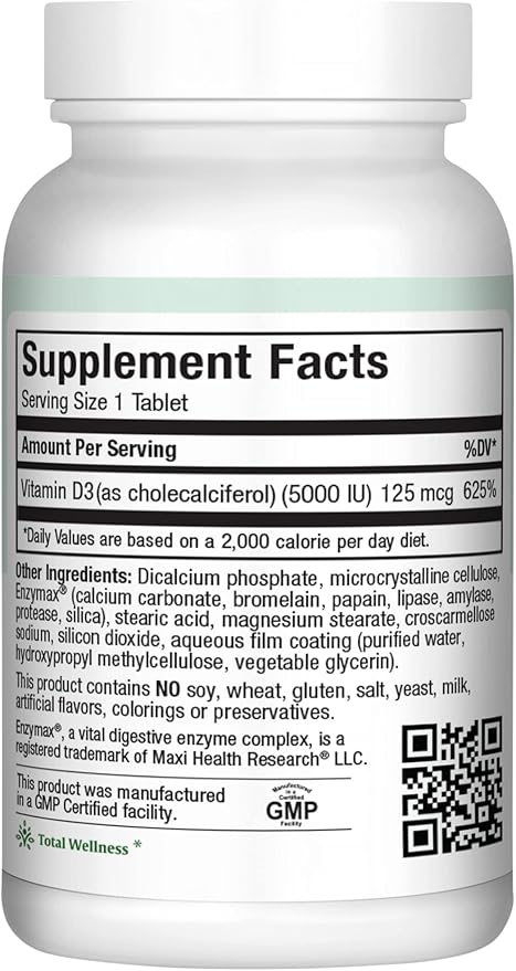 Vitamin D3 5000 IU (125 mcg) - High Dose Vitamin D 5000 IU for Healthy Bones, Teeth, Immune Support - Kosher Non GMO - High Potency Vit D3 - Pure Vitamin D Supplements for Women and Men - 90 Tablets