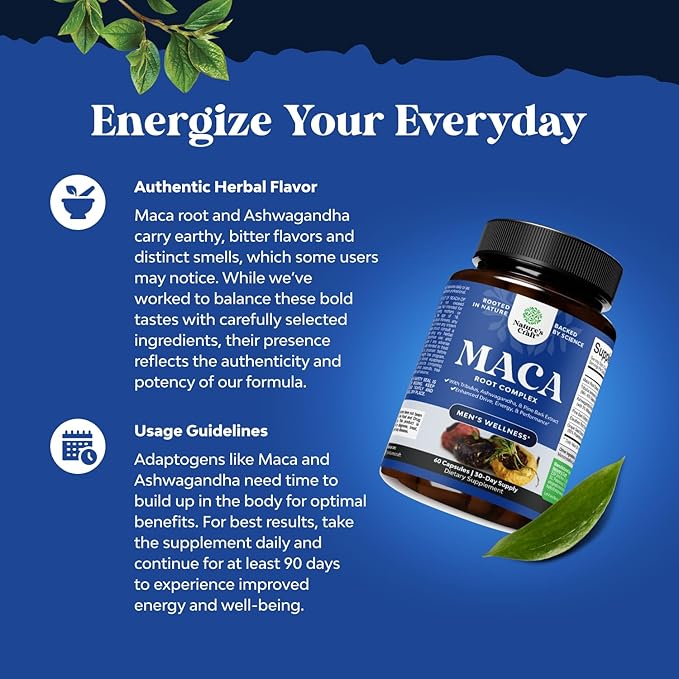 Potent Black Maca Root Capsules for Men - Herbal Wellness Supplement with Siberian Ginseng Ashwagandha and Black Maca Root - Men’s Wellness Supplement to Support General Health - 60 Count