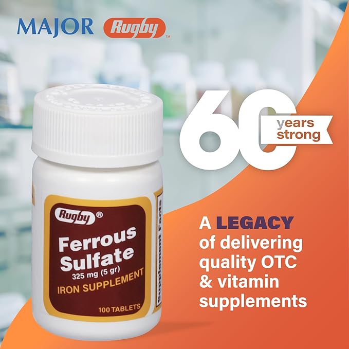 Rugby Ferrous Sulfate 325mg Tablets - Iron Supplement for Women and Men - 100 Count (1 Pack)
