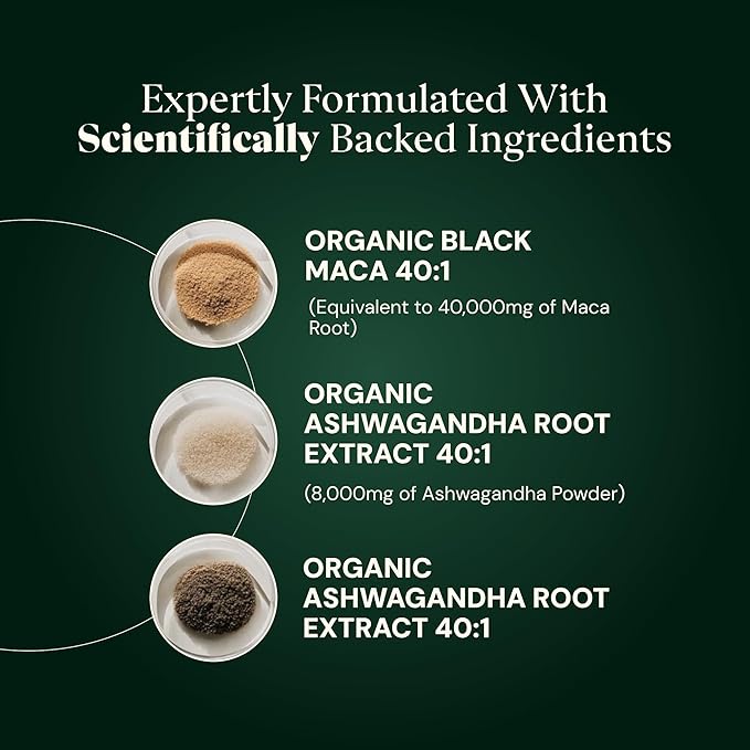 3-in-1 Organic Black Maca Root for Men and Women with Ashwagandha and Fenugreek - 1600 mg Complex - Non-GMO, Gluten-Free, Vegan (60 Capsules)