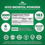 Zazzee Myo-Inositol Powder, 6 Month Supply, 183 Servings, 2000 mg per Serving, Free Scoop for Exact Dosage, 12.91 Ounces, Certified Kosher, 100% Pure, Fertility & Reproductive Support, Made in the USA