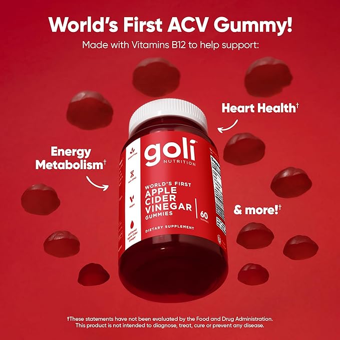 Goli Apple Cider Vinegar Gummies - Worlds First ACV Gummy with Vitamin B12, Beetroot & Pomegranate - Vegan, Non-GMO, Gluten-Free, 180 Count (3 Pack)