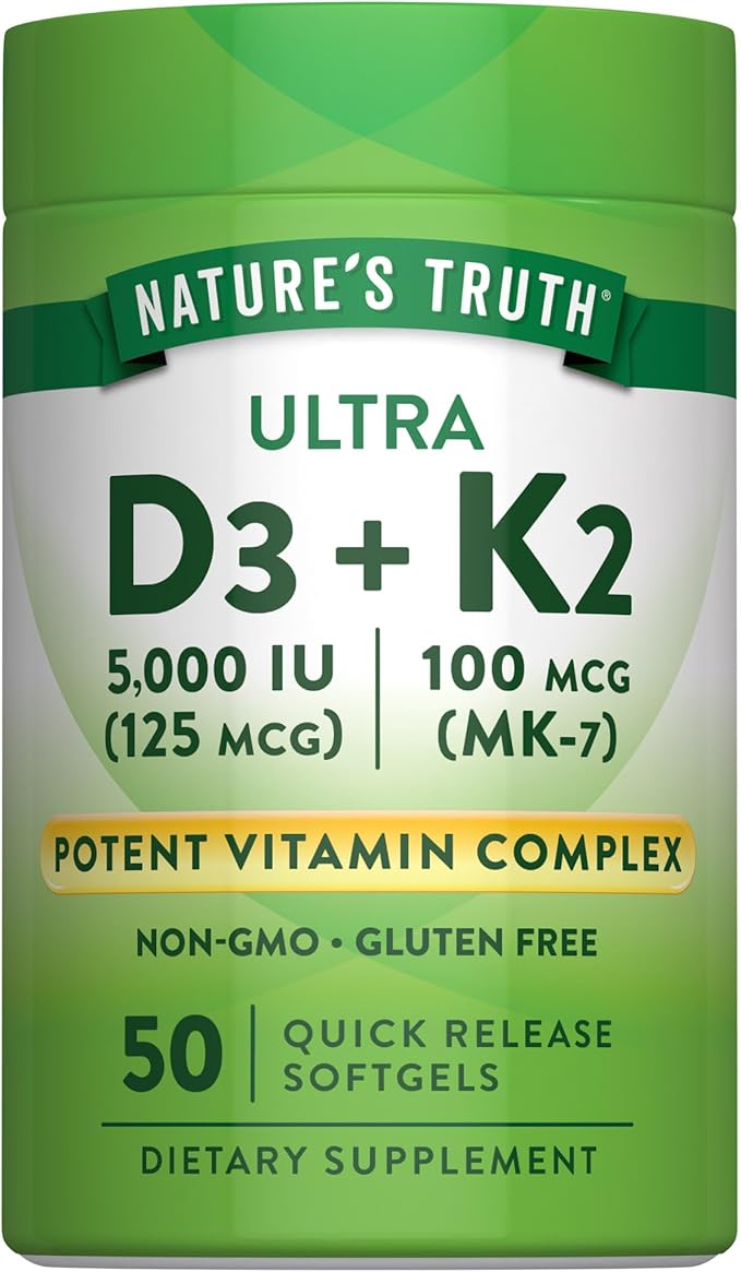 Nature's Truth Vitamin K2 MK7 Complex | 100 mcg | 50 Softgels | with D3 | Non-GMO & Gluten Free Supplement