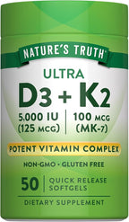 Nature's Truth Vitamin K2 MK7 Complex | 100 mcg | 50 Softgels | with D3 | Non-GMO & Gluten Free Supplement