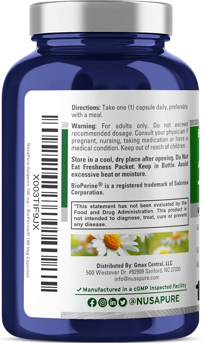 NusaPure Apigenin 100 mg per Capsule 180 Vcaps - Bioperine (Non-GMO, Gluten Free)