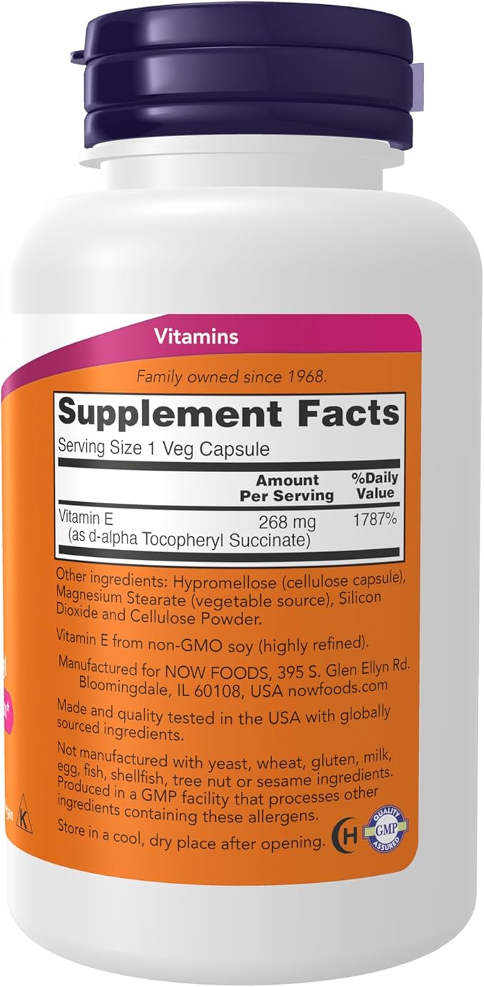NOW Foods Supplements, Vitamin E-400 IU D-Alpha Tocopheryl, Dry, Antioxidant Protection*, 100 Veg Capsules