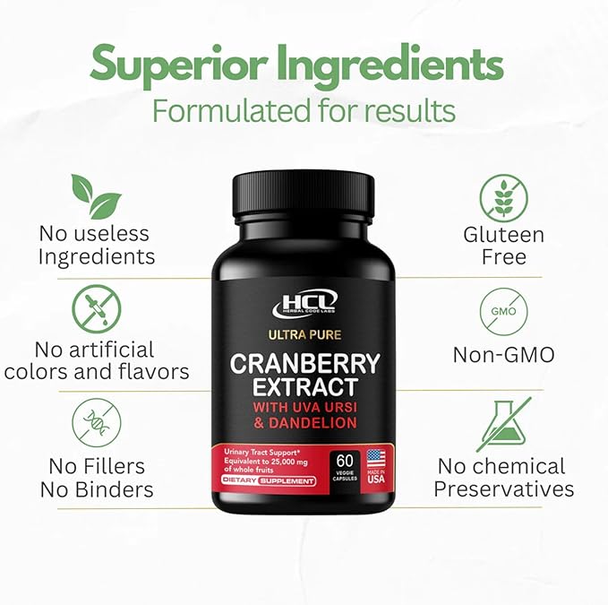 Cranberry Extract Pills - Super Strength 50:1 Whole Fruit Concentrate Equals to 25,000mg of Fresh Cranberries Plus Dandelion & Uva Ursi - Natural UTI Support - Kidney Cleanse & Urinary Tract Health