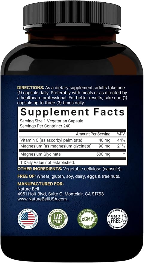 Pure Magnesium Glycinate 500mg with Fat Soluble Vitamin C, 480 Veggie Capsules (2 Pack) – 100% Chelated & Purified – 3rd Party Tested, Filler Free, Vegan Friendly, Non-GMO