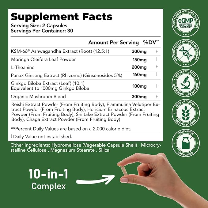 GlowEver KSM-66 Ashwagandha Supplements with L-Theanine Moringa Organic Mushrooms Complex Ginseng Ginkgo Biloba - Mood & Energy Support, Cortisol Manager, Immune Support, 60 Vegan Capsules