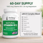 Dr. Berg Natural Vitamin B12 1000 mcg (Hydroxocobalamin) 60 Capsules – Energy, Brain & Nervous System Support* – w/B-Complex + Magnesium – 4X Lab Tested, GMO-Free, No Fillers