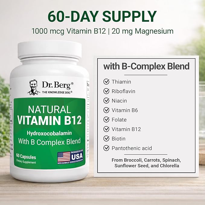 Dr. Berg Natural Vitamin B12 1000 mcg (Hydroxocobalamin) 60 Capsules – Energy, Brain & Nervous System Support* – w/B-Complex + Magnesium – 4X Lab Tested, GMO-Free, No Fillers
