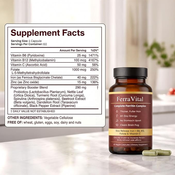 Ferravital Ferritin Support, Ferritin Supplement for Women, Daily Iron Supplement with Iron Bisglycinate Lactoferrin Vitamin C B12, Gluten Free & Non-GMO, 60 Capsules (A)