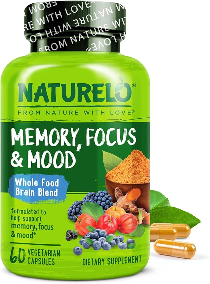 NATURELO Whole Food Brain Supplement - Brain Health Supplements for Memory & Focus Support - Enhance Brain Health Blend Supplement for Adults - 60 Vegetarian Capsules